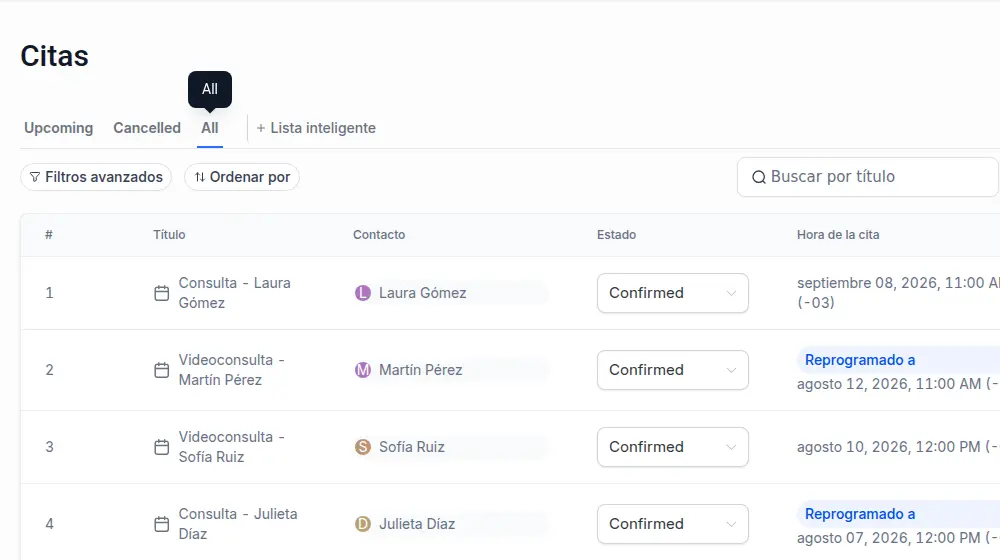 Lista de citas con consultas y videoconsultas de ejemplo