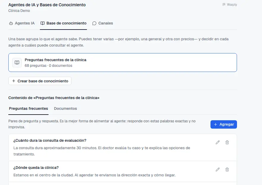 Base de conocimiento con preguntas frecuentes de una clínica de ejemplo